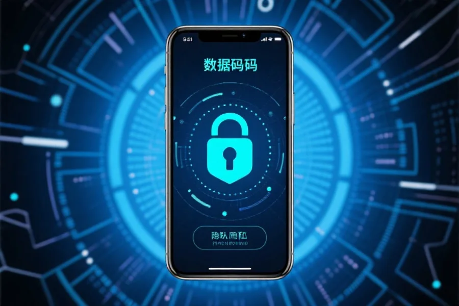 一张移动设备屏幕显示数据加密的图标,背景为抽象科技元素,突出安全与隐私