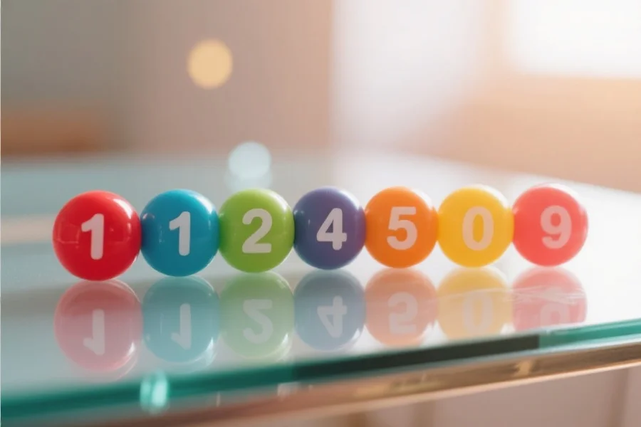 彩色数字球排列在透明玻璃桌面上，突出显示热门数字组合，背景柔和光晕