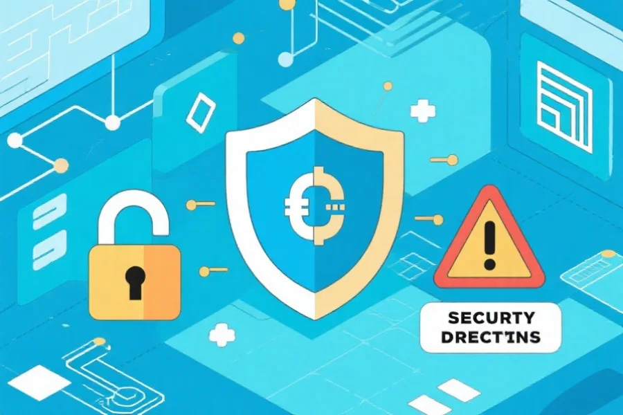 一张展示安全网络环境的插图，包括加密锁、数据防护盾牌和安全提示标语